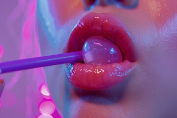 A close up of a woman's mouth wearing red and pink lipstick and licking a lollipop candy, naughty girl style.