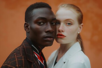 Intimate close-up portrait of a multicultural couple against an orange background. Studio photography with a focus on expression and style. Fashion and diversity concept.