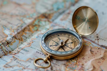 A classic brass compass rests on an intricately detailed antique world map, symbolizing exploration and navigation.