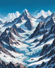 Snow-Capped Mountains: Majestic peaks, icy glaciers, and crisp air. Landscape