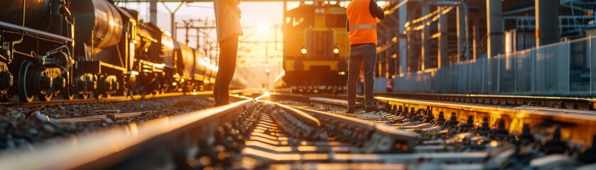 Railway workers inspecting tracks at sunset