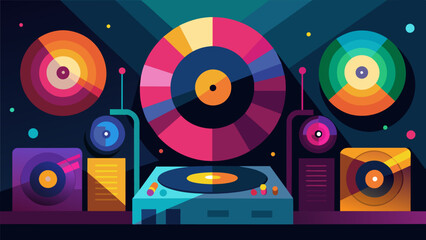 The colorful lights of the music bar reflect off the shiny vinyl records creating a mesmerizing visual as the DJ continues to mix. Vector illustration