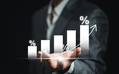 growing growth concept, Business development to success and  graph with percentage sign and arrow up, represent in meanings of interest rate increase, performance, sales, percent growth..