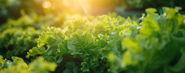 Sunrise beams light through dew-kissed leaves of green lettuce, showcasing vibrant garden freshness in an organic farm setting.