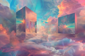 Fantasy landscape with clouds and skyscrapers. 3D illustration