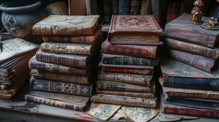 pile of fantasy magic ancient spell books of different genres