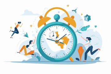 Motivated team of climbers ascending a ladder, with a clock serving as a reminder of time's relentless march. Collaboration and time management in action.