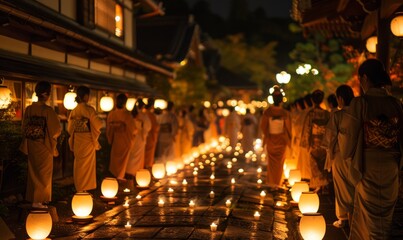 Traditional Lantern Festival Procession at Night in Japan