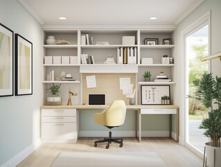 A home office with advanced technology integrated seamlessly into the decor, featuring a light yellow color palette for a calming work environment.