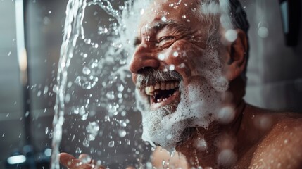 Senior man in a bathroom, laughing joyously as he splashes water on his face after a shave