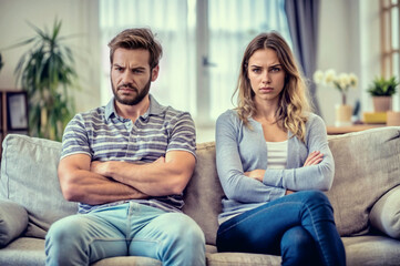 Obraz premium Couple sitting on sofa, looking unhappy, relationship crisis concept