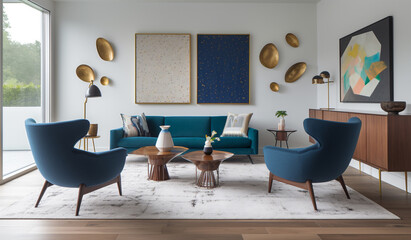 A mid-century modern living room with sapphire blue accent chairs, a teak coffee table, and abstract art on the walls