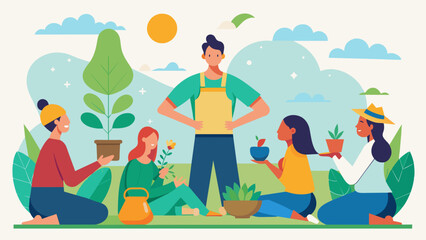 A local farmer shares tips and tricks for successful gardening as participants take turns planting and practicing yoga poses in the fresh air.. Vector illustration