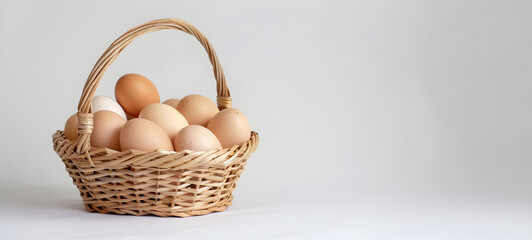 Eggs are placed on a wooden basket weave on a white background.
