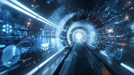 A futuristic sci-fi tunnel with glowing blue lights.