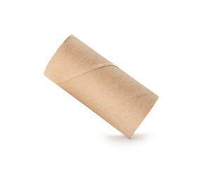 Side view of single brown tissue paper core isolated with clipping path and shadow in png file format