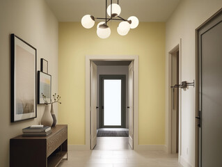 A modern hallway with sleek lighting fixtures and minimalist decor in shades of light yellow, creating an inviting entryway to the home.