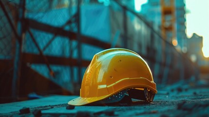 Present a close-up image of a yellow safety helmet against the backdrop of construction equipment, emphasizing its role as a protector of progress.