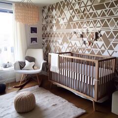 A modern nursery decorated in gender-neutral shades of browns accented by geometric patterns on the walls, plush rugs, and soft lighting for a calming atmosphere.