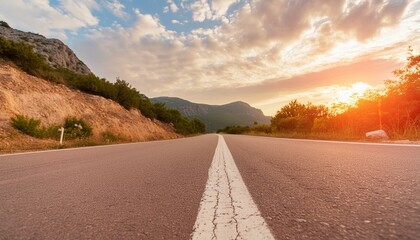 Low level view of empty old paved road in mountain area at sunset; blue cloudy sky; travel concept - Powered by Adobe