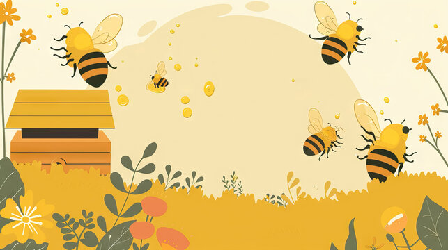 group of honey bees and behive in the garden with copy space.