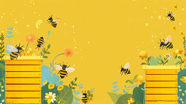 group of honey bees and behive in the garden against yellow background with copy space.