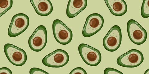 Healthy eating.Seamless bright pattern with avocado for printing on fabric, paper wrapper, covers and templates.Vector illustration in flat style.