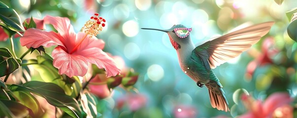 Tropical refreshment: Jeweled sunglasses shimmer as a hummingbird feeds from a hibiscus flower in a flourishing garden. Summer vibes. 3D art.