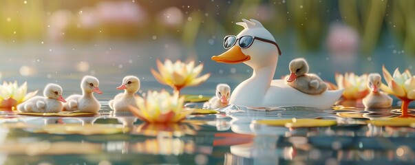 Family outing: Mother duck in aviator sunglasses guides her ducklings on a summer pond adventure. 3D illustration.