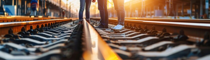 A couple is walking on a railroad track, holding hands.