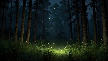 Obraz premium The tranquil glow of fireflies in a dense, impenetrable forest ai_generated