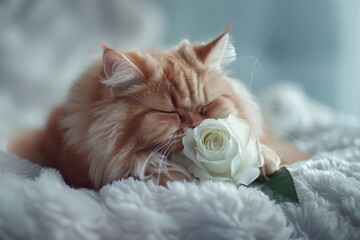a pink beautiful Persian cat carrying white rose in mouth