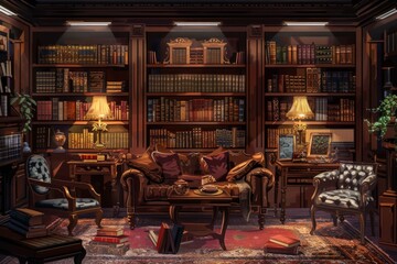 A room with a large bookcase and a couch