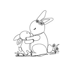 Continuous line drawing. A coloring page featuring a bunny and rabbit hugging affectionately in the grass