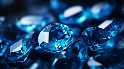 A close-up photo of a blue gemstone, with the facets reflecting light in different directions. The background is black, creating a luxurious look. The overall effect is elegant and sophisticated.