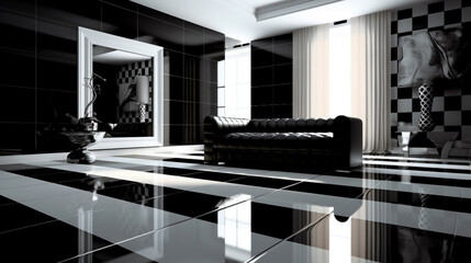 a room with black white colour