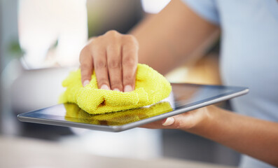 Hands, tablet and cloth for cleaning tech, dirt or dust with hygiene, health and household routine....