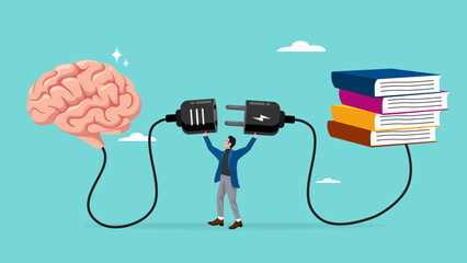 read books to learn new lessons, literature or intelligence information, improve literacy and numeracy skills, businessman connect plug with stack of book with human brain concept vector illustration