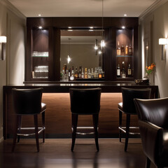 A sophisticated bar area featuring dark wood cabinets, leather bar stools, and ambient lighting for an upscale entertaining space at home.