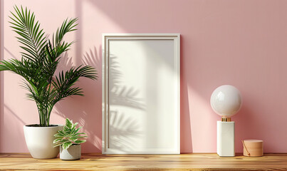 An empty picture frame, white desk lamp, and potted plants on wooden floor against a pink wall. Generate AI