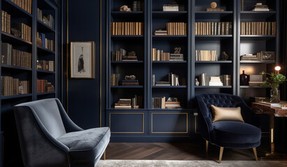 A sophisticated library with built-in navy blue bookshelves, a velvet reading chair, and brass accents