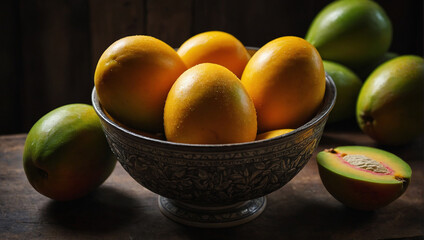 Mango on a plate. The Essence of Nature's Bounty: Exploring the Sweet and Nutritious World of Mangos. High Resolution
