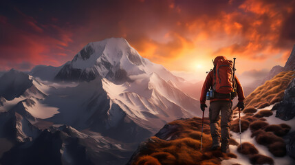 Fototapeta premium Back view of climber standing on top of snow mountain