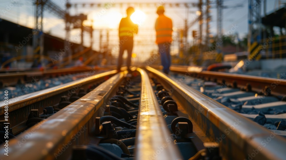 Wall mural railway tracks with blurred figures of two workers in the distance