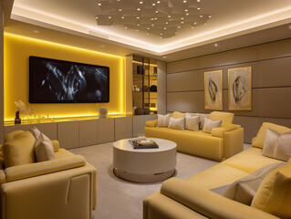 A stylish entertainment room with state-of-the-art audiovisual equipment and ambient lighting in shades of light yellow, perfect for movie nights.