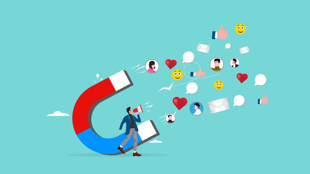 product attractiveness, good product quality to generate positive feedback or repeat orders, promotions with product advantages concept, Businessman use megaphones and magnets to attract customers