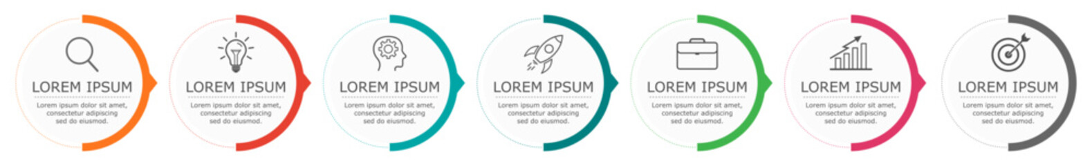 Business infographic Vector with 7 steps.Used for information,data,style,chart,graph,sign,icon, project,strategy,technology,learn,brainstorm,creative,growth,stairs,success, idea,text,web,report,work.