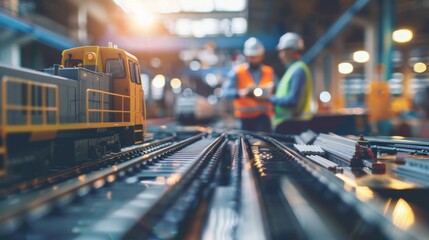 A yellow toy train on a track with two people in the background wearing hard hats.