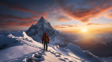 Back view of climber standing on top of snow mountain