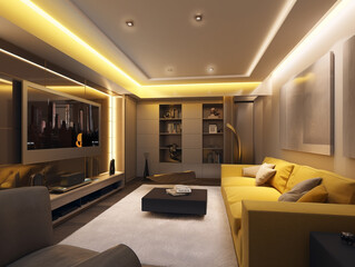 A stylish entertainment room with state-of-the-art audiovisual equipment and ambient lighting in shades of light yellow, perfect for movie nights.